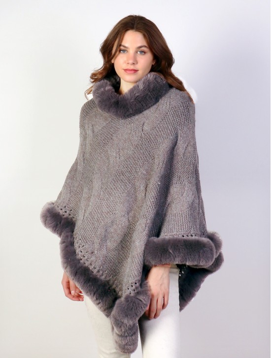 Solid Color Knitted Poncho W/ Fur Collar & Trim